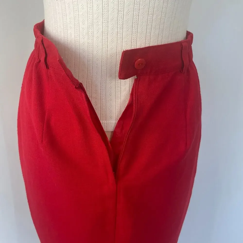 Vintage Pencil Skirt Size 12 Red Solid High Rise Midi Minimal Retro Career 90s